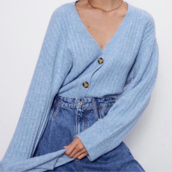 ZARA Ribbed Knit Boxy Cropped Cardigan Sweater, L - Picture 2 of 15